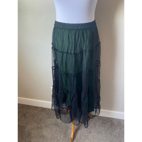 Sterling Styles Pull On Green w/ Black Tulle Witchy Boho Whimsical Midi Skirt - Picture 3 of 7